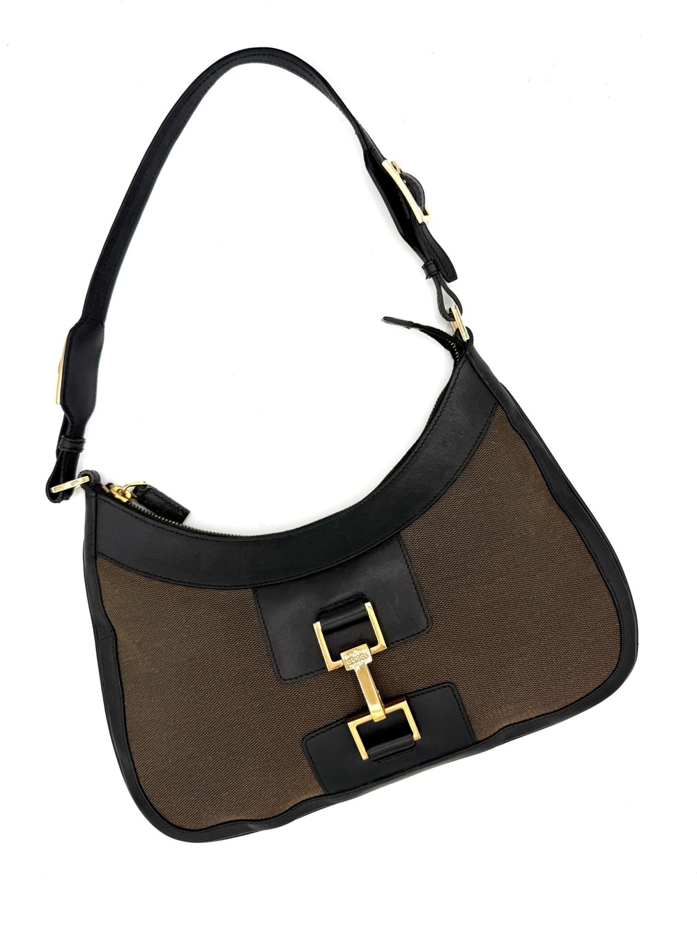 Gucci Tom Ford Brown Taupe Canvas and Leather Jackie Bag with Gold Hardware